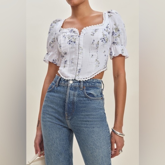 Reformation Tops - Reformation Simmie Floral Puff Sleeve Linen Crop Top Floral Puff Sleeve Crop Top